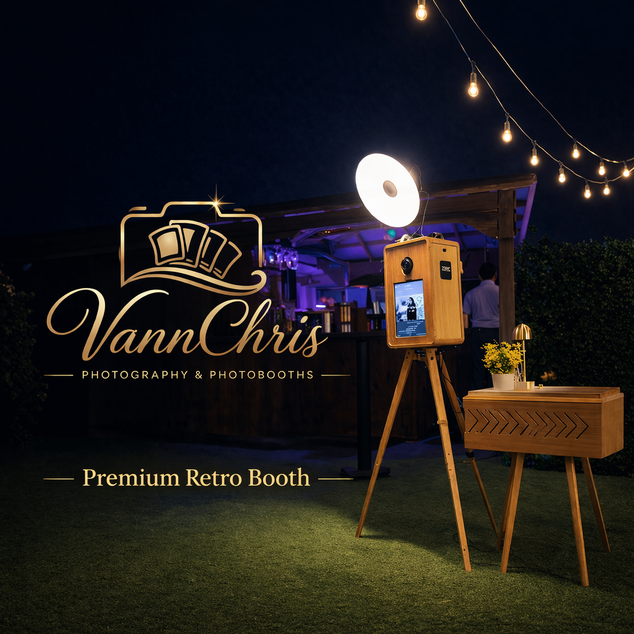 VannChris Premium Retro Photobooth set up at an outdoor evening event