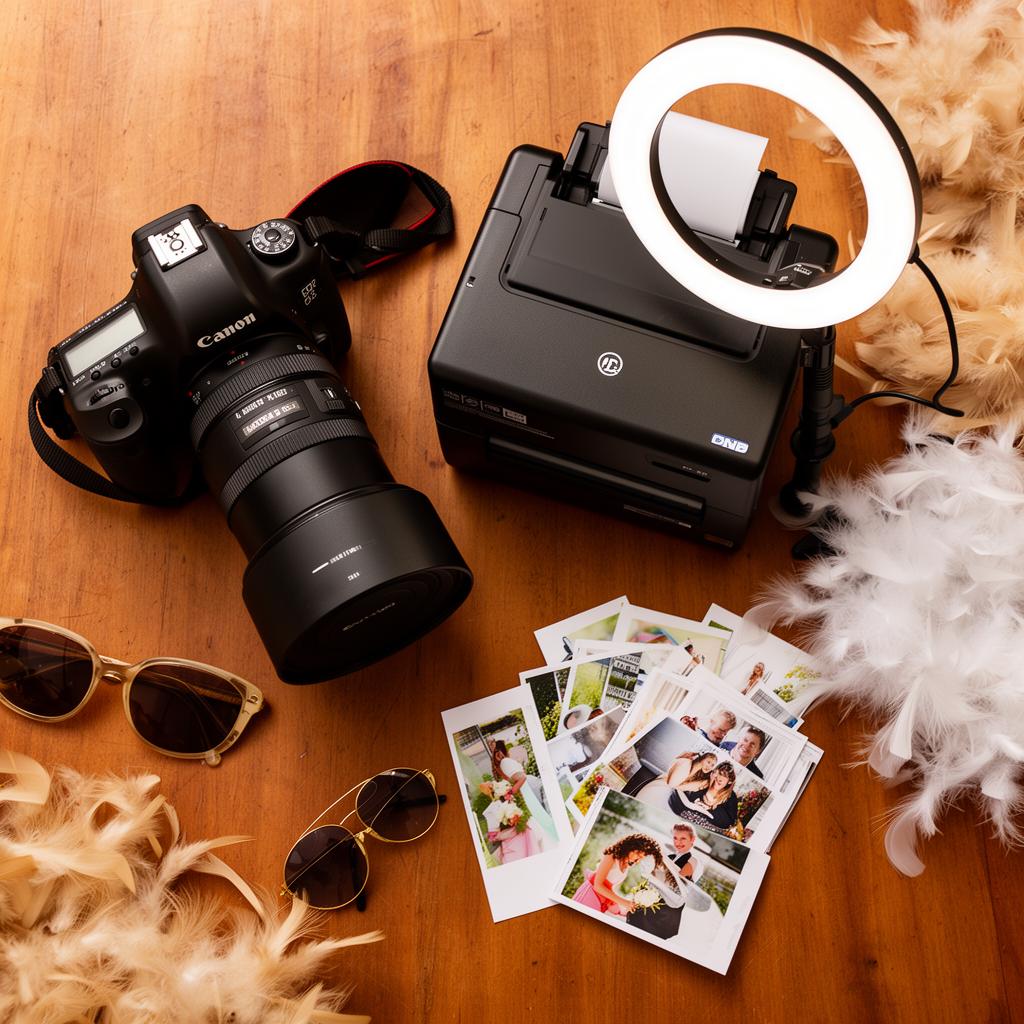 Professional photobooth equipment laid out on a wood table